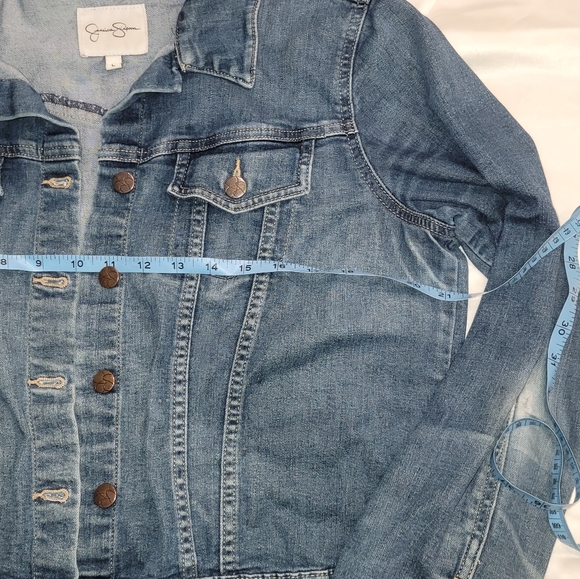 Jessica Simpson Long Sleeve Classic Denim Jacket w/distressed Elbows Size Large - Picture 5 of 7